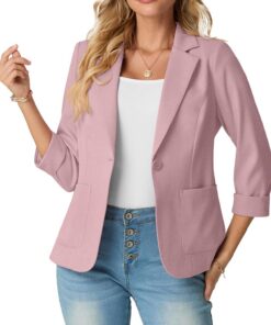 GRECERELLE Blazer elegante para mujer, manga 3/4, solapas, cuello, chaquetas de negocios, trabajo, oficina, cárdigans y blazers con bolsillos y botones para mujer