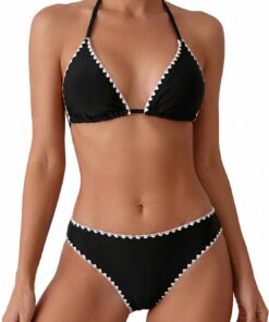 Conjunto de bikini de dos piezas para mujer, traje de baño de cintura alta, cuello en V profundo, traje de baño fruncido para vacaciones en la playa, elastano