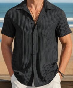 Camisas de vestir casuales de manga corta con botones para hombre, con bolsillo, texturizada, para negocios, verano, playa, camisa con botones