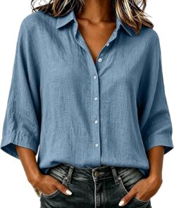 Camisa de algodón y lino con cuello y botones frontales para mujer, blusa de manga fluida de tres cuartos, prenda casual elegante pulida para turnos de oficina, viajes y viajes de negocios