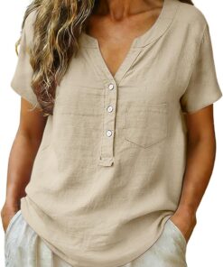 Blusas de lino y algodón para mujer, de manga corta, con bolsillo, talla grande, con botones, cuello en V, camisetas de verano