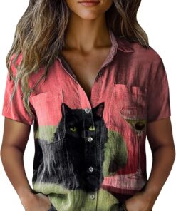 Blusas Mujer Verano Camisa Manga Corta Estampado Camiseta con Botones Cuello en V Elegantes Camisa Suelta con Cuello de Solapa y Bolsillo Casual Blusa Shirts Tunic Tops