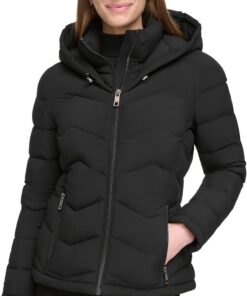 Calvin Klein Stretch Fabric Puffer Jacket With Hood – Warm Quilted Zip Front Coat Parka Mujer (Pack de 1)