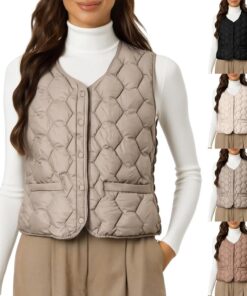 HUIFUAO - Chaqueta acolchada sin mangas para mujer, talla grande, chaleco acolchado de plumón para otoño e invierno, chaleco térmico con botones, abrigo térmico con bolsillos, blanco, S