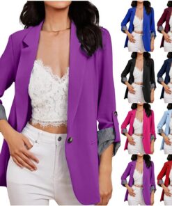 HUIFUAO Blazers para mujer, talla grande, cuello en V, traje de trabajo, chaqueta de trabajo, elegante, casual, ajustable, manga larga, 1 botón, solapa, Rojo #1, M