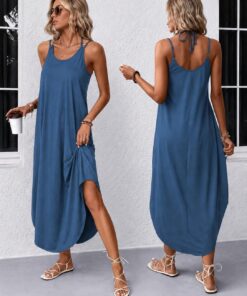 Vestido casual de verano para mujer, sin mangas, cuello en V, dividido, bohemio, para playa, viajes, vacaciones