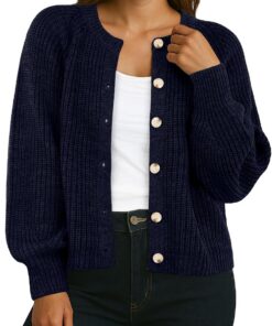 GRECERELLE Cárdigan de punto para mujer, manga larga, cárdigan grueso, elegante, cárdigan informal, cuello redondo, suéter de punto de gran tamaño, suéter informal con botones, otoño, invierno
