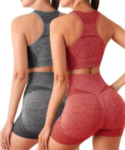 Conjunto de 2 conjuntos de yoga sin costuras para mujer, brasier deportivo, camiseta de entrenamiento y pantalones cortos de fitness