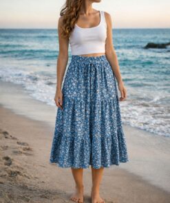 Falda larga plisada de verano para mujer, falda larga plisada de cintura alta, vestido de playa bohemio con bolsillos, falda casual fluida