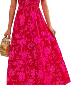PRETTYGARDEN Vestidos de Primavera con Parte Superior Fruncida para Mujer, Vestido Largo Floral de Manga Corta 2024 para Mujer Moderno Mujer