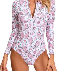 Traje de Baño una Pieza vaciados Espalda Descubierta Piscina Playa Traje de baño Conservador con Cremallera Estampada de Manga Larga para Mujer Traje de baño para Surfear para Mujer