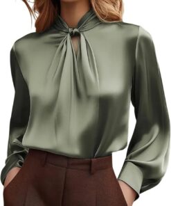 Blusas de satén para mujer, blusas de seda de manga corta, cuello alto falso, camisas de vestir informales para negocios, trabajo, oficina, 2026