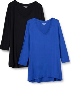 Amazon Essentials Camiseta de Manga 3/4 con Cuello en Pico (Disponible en Tallas Grandes) Mujer, Pack de 2