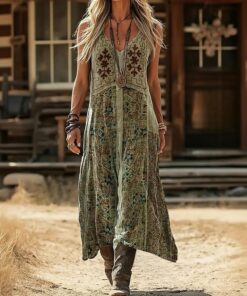 Vestido largo sin mangas con cuello en V y estampado étnico para mujer, para primavera y verano, holgado, dobladillo ancho, vestido casual bohemio para salidas diarias