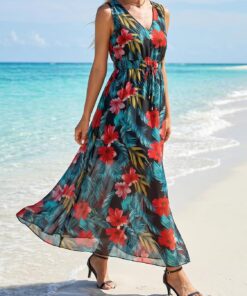 Vestido de verano para mujer, sexy, con cuello en V, sin mangas, bohemio, estampado floral, vestido de playa con espalda descubierta