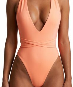 Traje de baño de una pieza con cuello en V profundo para mujer, acanalado, corte alto, espalda cruzada, traje de baño para verano y playa