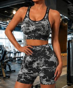 Conjunto de entrenamiento para mujer, ropa deportiva de dos piezas, camiseta sin mangas y pantalones cortos de cintura alta, traje de gimnasio