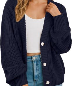 GRECERELLE Cárdigan suave de manga larga para mujer, suéter de punto con cuello en V, suéter de gran tamaño, holgado, grueso, con botones, para mujer, otoño, invierno, primavera