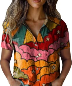 Blusas Mujer Verano Camisa Manga Corta Estampado Camiseta con Botones Cuello en V Elegantes Camisa Suelta con Cuello de Solapa y Bolsillo Casual Blusa Shirts Tunic Tops