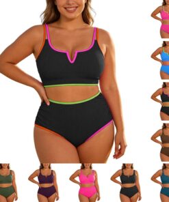 Bikini de dos piezas para mujer de talla grande, cintura alta con control de abdomen, acanalado con alambre en V, tirantes ajustables, traje de baño 2026 para mujeres con curvas, ideal para playa y