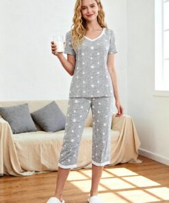 Conjunto de pijama de 2 piezas para mujer, pantalones cortos holgados, ropa de dormir de plumón cómodo, conjunto de pantalones cortos de verano de manga corta