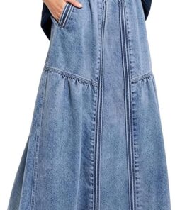 ebossy - Falda larga vaquera estilo hippie de corte evasé para mujer, cintura elástica, bajo deshilachado y acabado desgastado