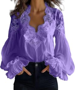 Blusa de manga larga para mujer, elegante encaje empalme, hueco, burbuja, color sólido, sexy, blusa con cuello en V, suave, cómoda, ajuste clásico, elegante, casual, para el trabajo y la oficina