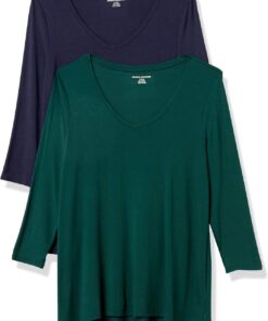 Amazon Essentials Camiseta de Manga 3/4 con Cuello en Pico (Disponible en Tallas Grandes) Mujer, Pack de 2