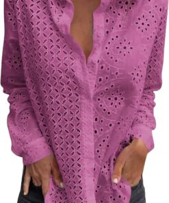 Camisas bordadas de encaje hueco para mujer, cuello en V, manga larga, con botones, para mujer, a la moda, elegante, holgada, casual