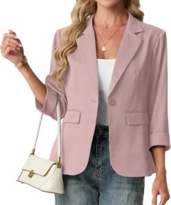 GRECERELLE Blazers para mujer, traje de manga 3/4, chaquetas elegantes formales con solapa con muescas, para oficina, trabajo, boda, ropa de abrigo casual con bolsillos, botones