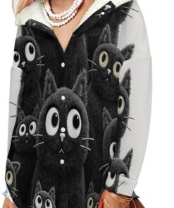Sudadera con Capucha de Invierno Estilo De Clip Art Chaqueta de Forro Polar para Mujer Gato Negro De Dibujos Animados Chaqueton Borreguito Tallas Grandes Abrigo Cálido Largo con Bolsillo, Gris