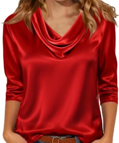 Blusas de satén para mujer, manga 3/4, de seda, cuello en V, camisas de vestir, estilo casual, holgadas, para negocios, trabajo, oficina