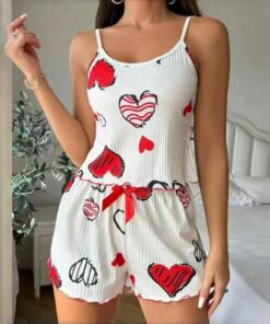 Conjunto de pijama para mujer, bonito top corto y pantalones cortos, acanalado, sexy, ropa de dormir de 2 piezas
