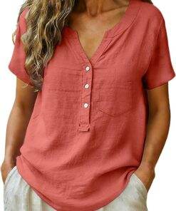 Blusas de lino y algodón para mujer, de manga corta, con bolsillo, talla grande, con botones, cuello en V, camisetas de verano