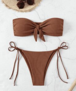 Conjunto de bikini sexy bandeau para mujer, sin tirantes, lazo frontal, traje de baño de dos piezas, traje de baño atrevido con lazo lateral