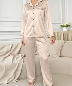 Conjunto de pijama de satén de seda para mujer, conjunto clásico de pijama de manga larga con botones y pantalones, ropa de dormir suave de 2 piezas
