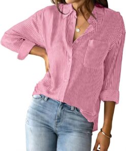 Camisa a rayas con botones para mujer, clásica, casual, de manga larga, holgada, para oficina, trabajo, con bolsillo