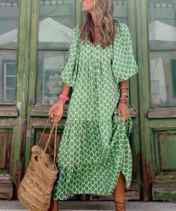 Vestidos bohemios de verano para mujer, cuello en V, manga abombada, floral, fluido, casual, largo