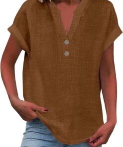 Camisa de lino para mujer, informal, elegante, de verano, con botones, manga corta, cuello en V, color liso, cómodas blusas