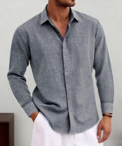 Camisas casuales de lino para hombre, de manga larga, cuello y botones, para playa, ropa de moda para otoño e invierno