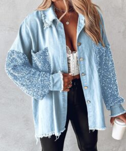 Chaqueta de mezclilla para mujer, con parche de lentejuelas, manga larga, dobladillo deshilachado, abrigo de botones de gran tamaño con bolsillos, Azul claro, S