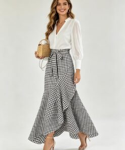 Falda larga a cuadros de cintura alta para mujer, dobladillo con volantes, cintura anudada, falda larga a cuadros para verano, vacaciones en la playa
