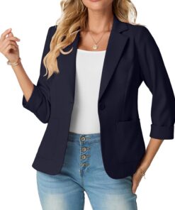 GRECERELLE Blazer elegante para mujer, manga 3/4, solapas, cuello, chaquetas de negocios, trabajo, oficina, cárdigans y blazers con bolsillos y botones para mujer