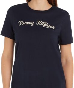 Tommy Hilfiger Camiseta de Manga Corta Mujer Script Regular con Cuello Redondo