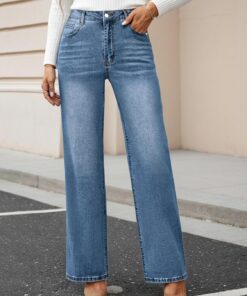 Pantalones vaqueros relajados de pierna ancha para mujer, cintura elástica, pantalones de mezclilla ligeros para uso casual y diario