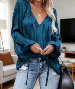 Camisa de manga larga para mujer, talla grande, 1XL-5XL, cuello en V, con cordón, informal, de manga larga