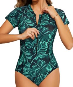 SHEKINI Camiseta de natación de manga corta para mujer, protección UV, cremallera, traje de baño de una pieza UPF 50