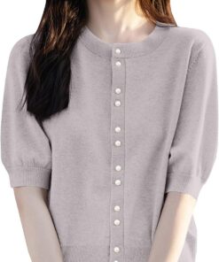HUIFUAO - Cárdigan de manga corta para mujer, color negro, elegante, con botones, frente abierto, cárdigans para otoño, básico, ligero, para exteriores, caqui, L