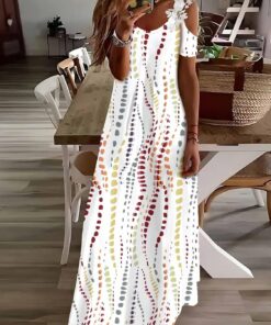 Vestido largo de verano con estampado floral y hombros descubiertos y cuello en V para mujer