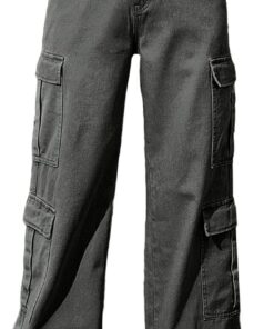 Pantalones de mezclilla holgados de cintura alta para mujer con bolsillo con solapa, estilo urbano Y2K, pierna ancha